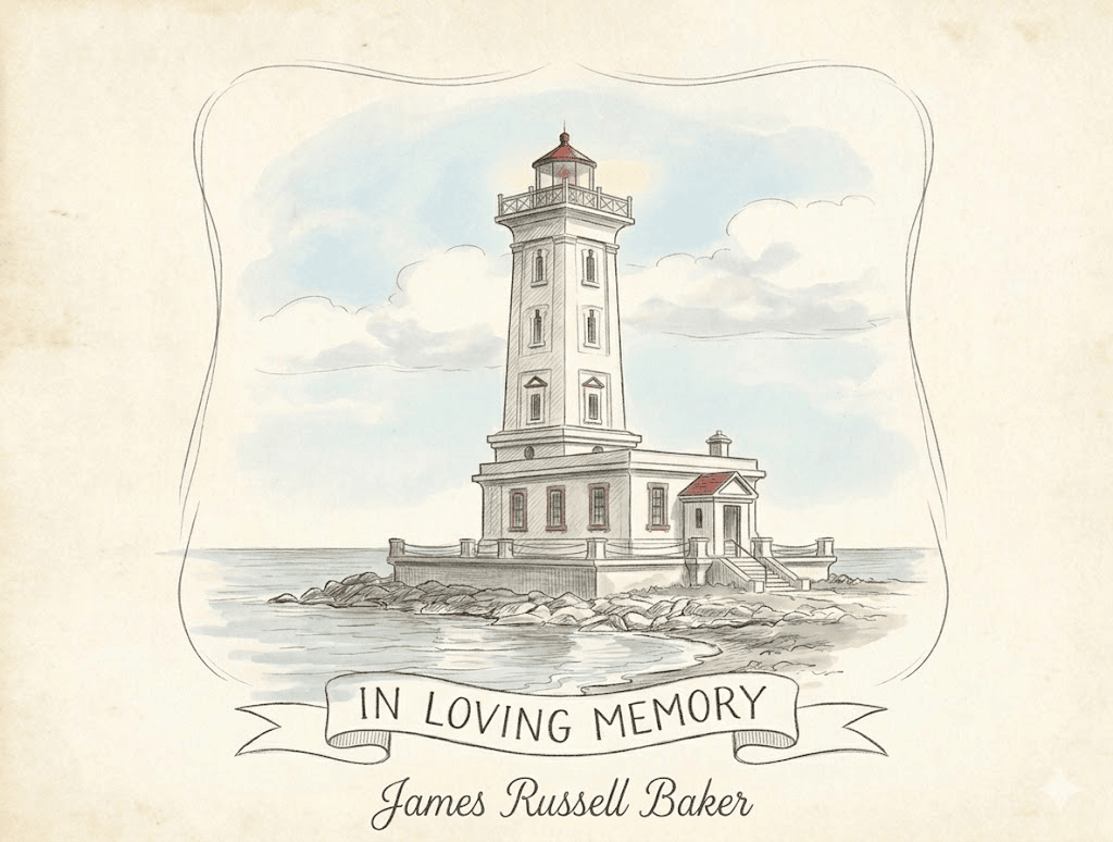Illustrated lighthouse on a rocky point beneath a soft blue sky, with a banner reading In Loving Memory, James Russell Baker